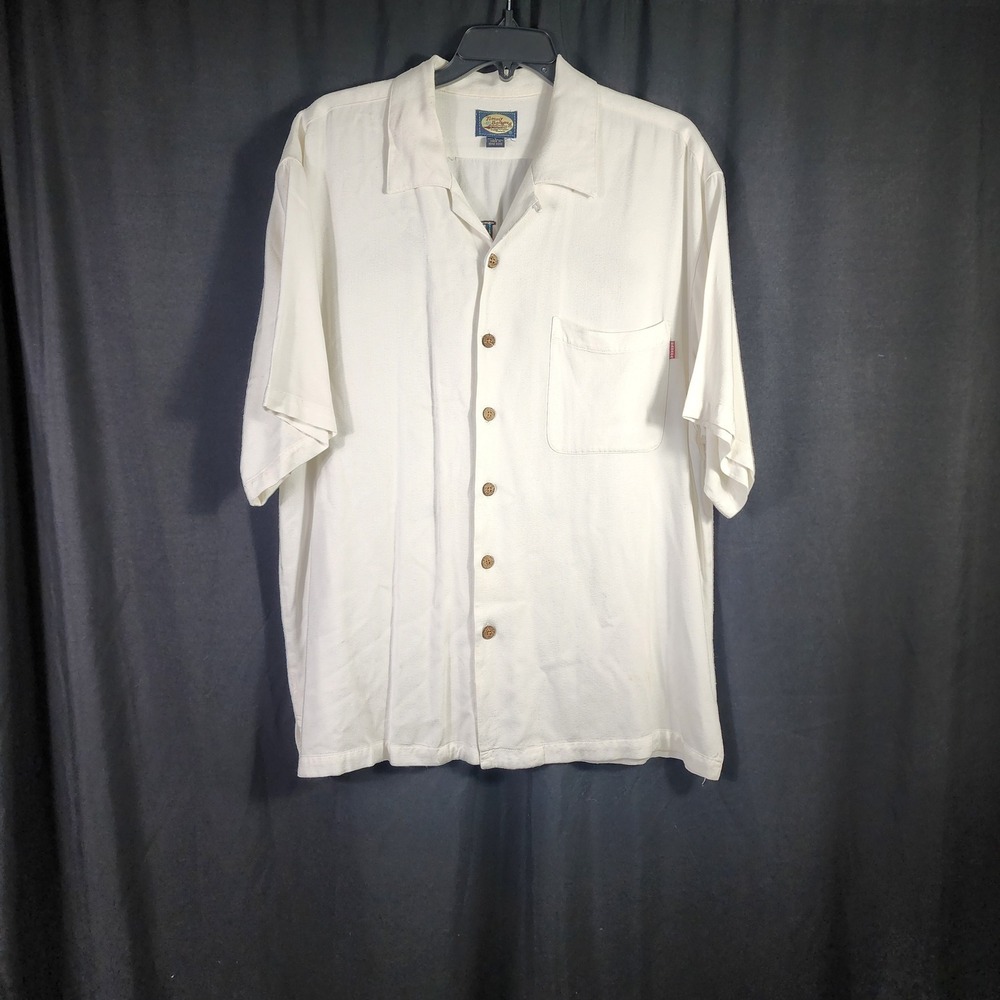 Tommy Bahama Liars Lounge Mens Large‎ White Rayon Graphic Fishing Camp Shirt L